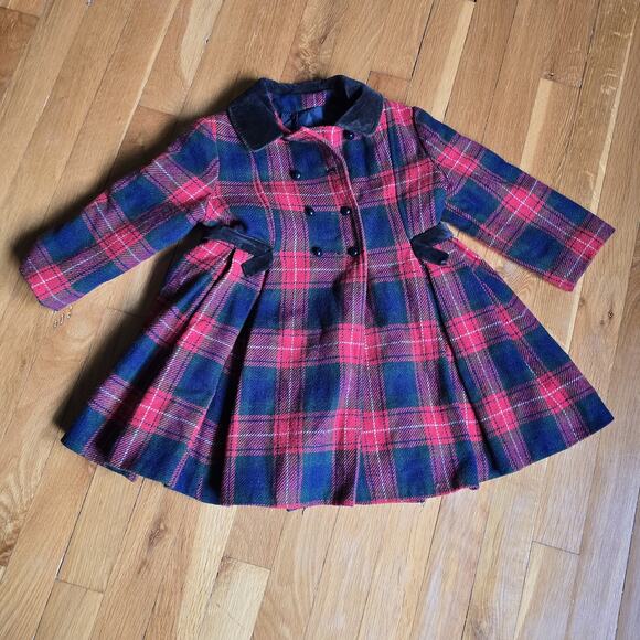 Rothschild Of Philadelphia Vintage Girls Coat Red Black Wool Plaid Velvet Trim 4 - Picture 1 of 13